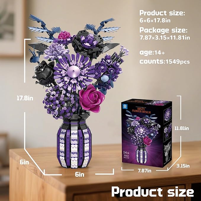 Purple Flower Bouquet Building Set with Vase Plant Botanical Collection for Adults Women Girl 14+ Gothic Home Decor