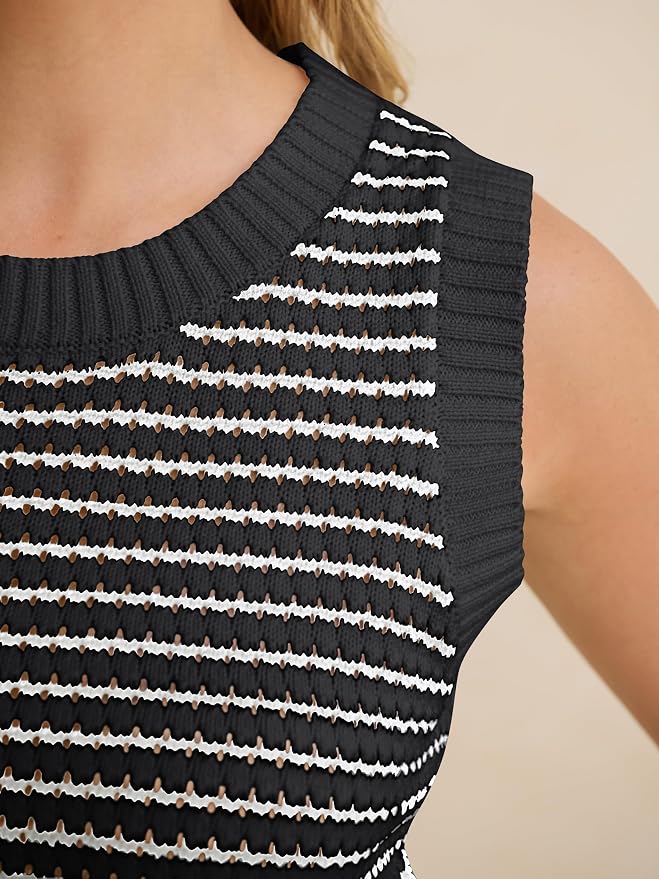 ANRABESS Womens Sleeveless Sweater Vest Striped Tank Tops | Crochet Knit Crew Neck, Lightweight Soft Comfy, Vacation Travel Work Casual Outfits, Sping Summer Layering Clothes