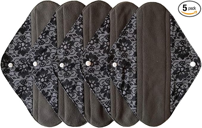 5 Pieces Charcoal Bamboo Mama Cloth/Menstrual Pads/Reusable Sanitary Pads (Black lace, Heavy (12 inch))