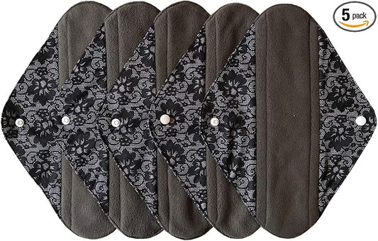 5 Pieces Charcoal Bamboo Mama Cloth/Menstrual Pads/Reusable Sanitary Pads (Black lace, Heavy (12 inch))