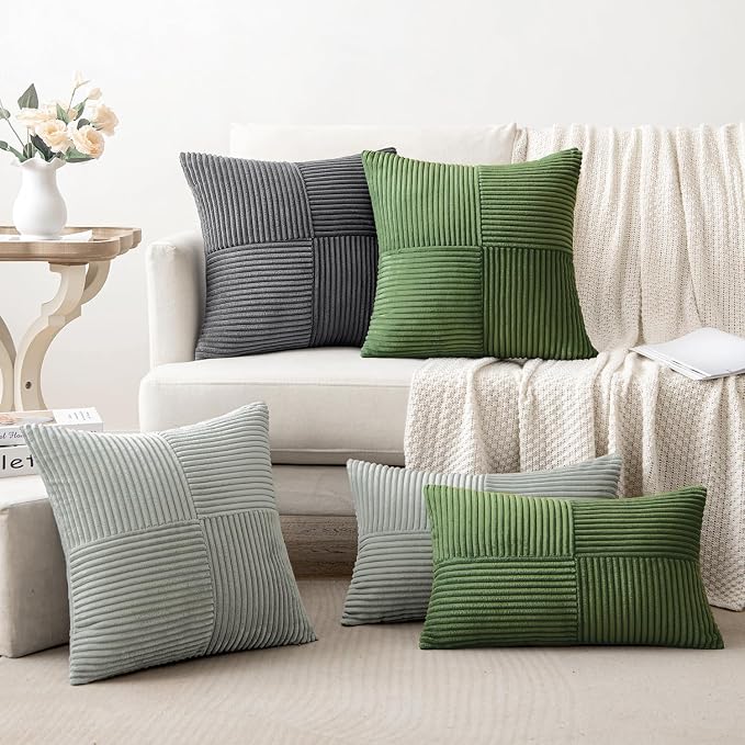 MIULEE Moss Green Decorative Throw Pillow Covers for Couch 20x20 Inch | 2 Pack, Boho Farmhouse Pillow Covers, Soft Cross Corduroy Patchwork Textured Cushion Cases For Bed Sofa
