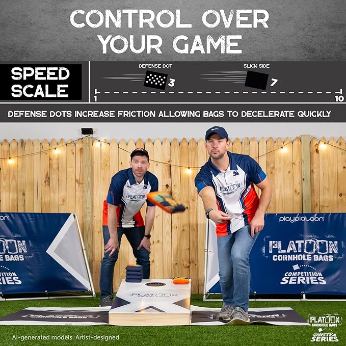 Play Platoon Competition Series Cornhole Bags Set of 8 Regulation Professional Weight Double Sided Slick and Stick with Rubber Sticky Dot Slow Side for Pro Corn Hole Bean Bag Toss Game-Designed in USA