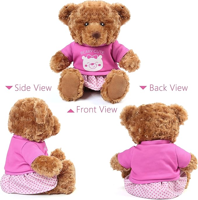 LotFancy Teddy Bear Stuffed Animal, with Removable Clothes, 10 inch Cute Baby Girl Bear Plush, with T-Shirt and Dress, Baby Shower Decoration, Easter Gift Plushies