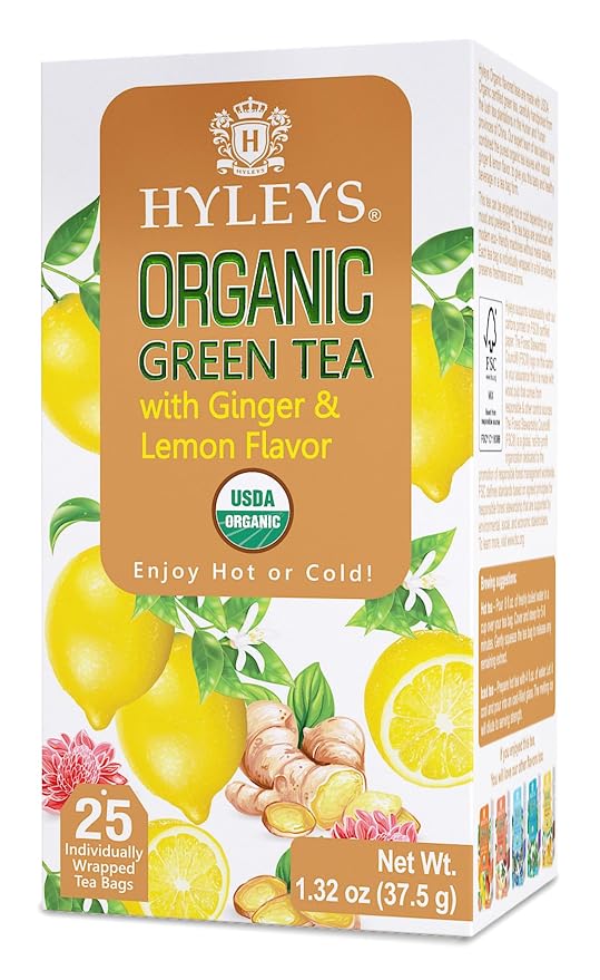 HYLEYS Organic Green Tea, Ginger and Lemon Flavor - 25 Individually Wrapped Tea Bags - USDA Organic - Kosher & Vegan