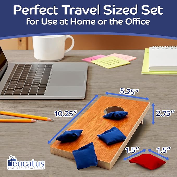 Super Fun, Portable Mini Desktop Cornhole Set of 2. Coated Wood Boards with 4 Red 4 Blue Bags. Gift for Students, Office Employees or Work From Home. Simple Easy Tabletop Game for Groups or Solo!