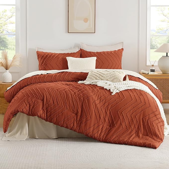 Andency Burnt Orange Oversized Super King Plus Comforter Set 128x120, Extra Large King Size Comforter Oversize Boho Soft Warm Bedding Comforter Sets, 3 Pieces Aesthetic Chevron Textured Bedding