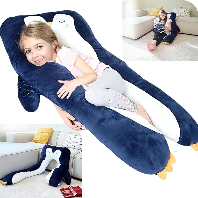 LUNAMIRA Penguin Kids Body Pillow - 47" U-Shape Long Plush Animal Pillow for Kids, Sleeping, Reading, ADHD & Special Needs Comfort, Anxiety, Washable Cover, Snuggle Fun Cuddle Gift for Boys & Girls