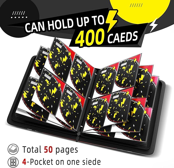 Trading Card Binder 4 Pocket,400 Pocket Card Collection Binder with 50 Removable Sleeves,PU Waterproof Top Card Book,3-Ring Zipper Collectible Trading Card Album for MTG/TCG/Card Holder Gift(Black)