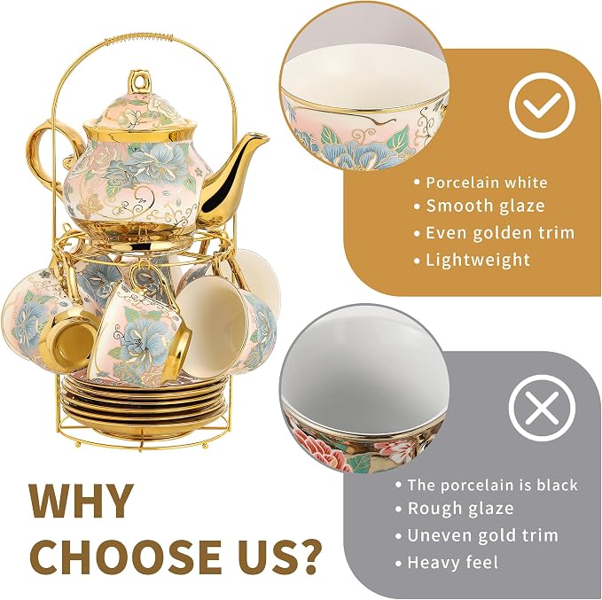 20 Pieces Porcelain Tea Set With Metal Holder, European Ceramic tea set for adults,Flower Tea Set,Tea Set For Women With Flower Painting (VIVID YELLOW, Largr Vision)