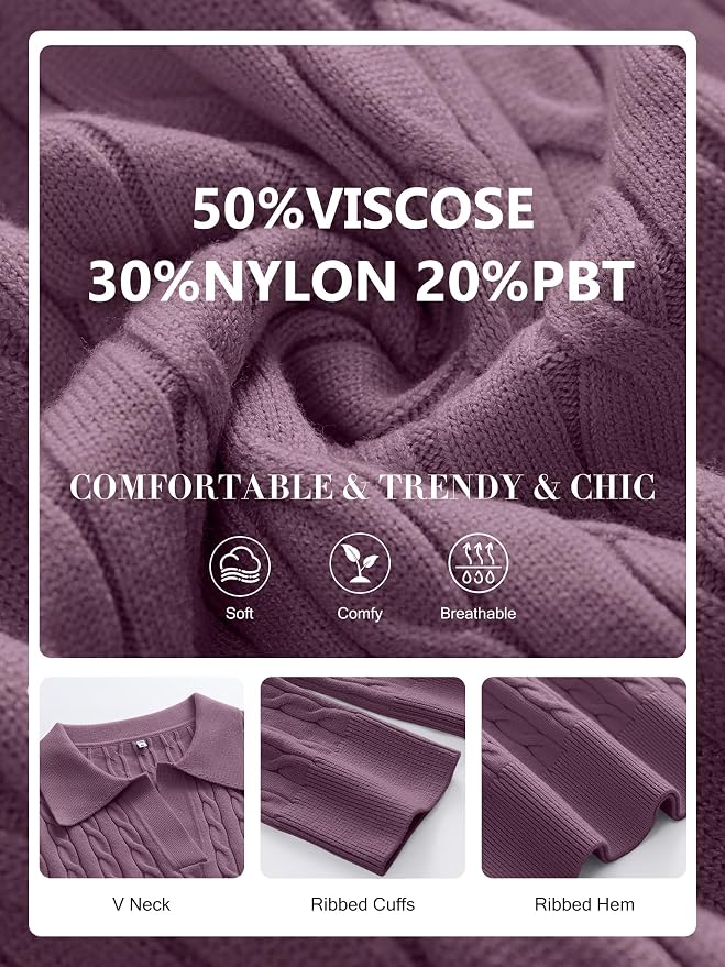 ANRABESS Womens Cable Knit Sweaters Long Sleeve V Neck | Pullover Collared Sweater Tops, Polo Knit Shirts, Business Casual Work, Tennis Golf, Fall Winter Fashion Outfits