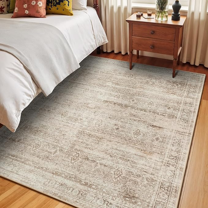 5x7 Area Rug for Living Room Bedroom, Non-Slip Washable Beige Carpet | Soft Neutral Rugs for Dining Room Home Office Indoor Nursery, Stain Resistant, Low Pile, Foldable, Vintage Distressed Rug