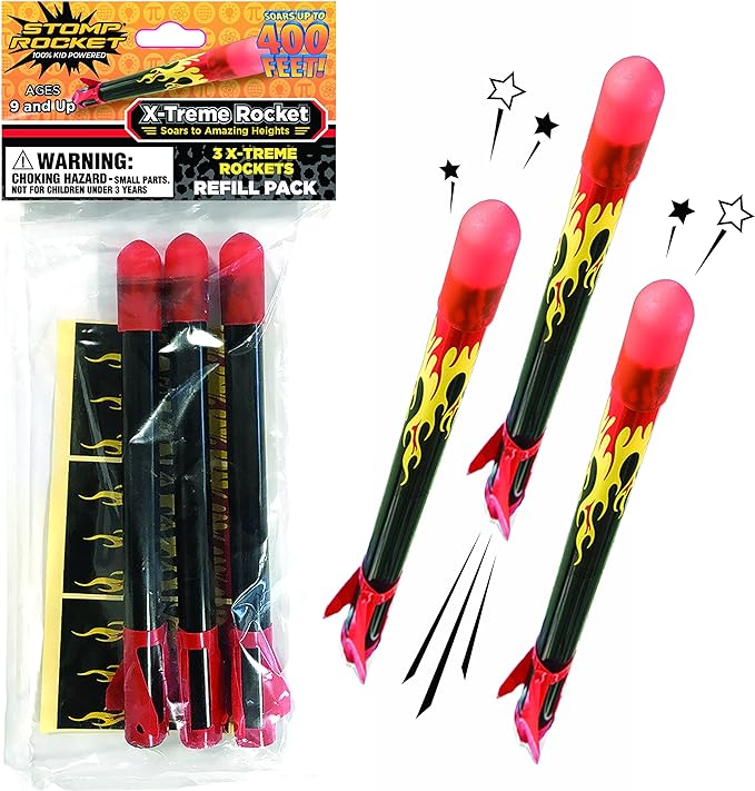Stomp Rocket X-Treme Rocket Refills, 3 Rockets - Replacement for Rocket Launcher for Kids - Fun Backyard & Outdoor Kids Toys Gifts for Boys & Girls