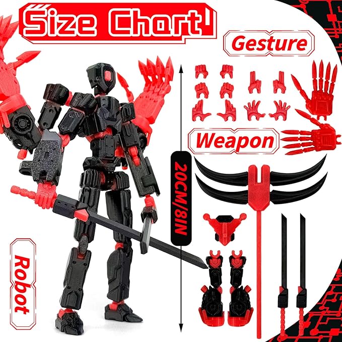 8Inch T13 Action Figure Assembly Completed,3D Printed Multi-Jointed Movable Toy Nova 13 Action Figures Desktop Decorations for Game Lovers Toy (Black Red)