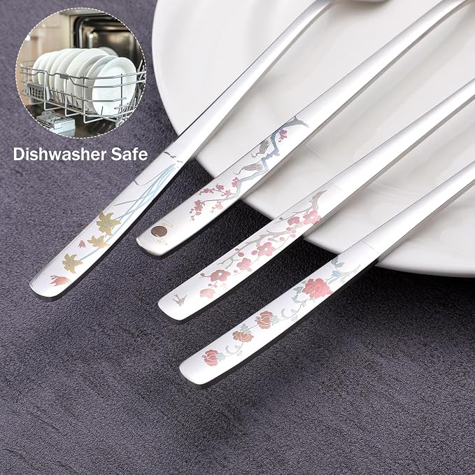 4Pcs 8" Korean Forks, Korean Fork with Floral Pattern | Stainless Steel, Kitchen Forks, Mirror Finish, Flatware for Dinner Salad Dessert Home Restaurant Use