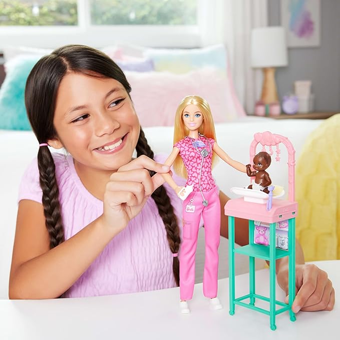 Barbie Baby Doctor with Blonde Fashion Doll Wearing Pink Scrubs, 1 Baby Doll with Accessories & Furniture