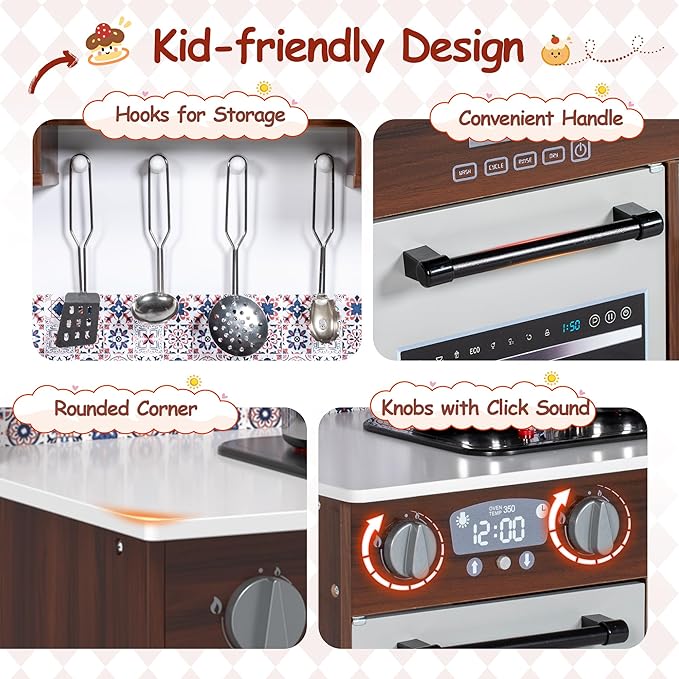 BRINJOY 2-Piece Kids Kitchen Playset, Wooden Play Kitchen Set for Toddlers, Modular Pretend Play Kitchen w/Light&Sound Stove Oven, Large Kitchen Cooking Toy w/Refrigerator, Gift for Girls Boys