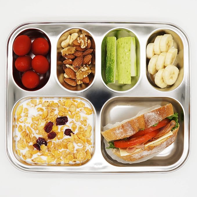 Korean Stainless Steel Divided Plates for Kids & Adults 2-Pack Food Tray | 6-compartment tray for portion control. Premium 304 electro-polished stainless steel, no black residue