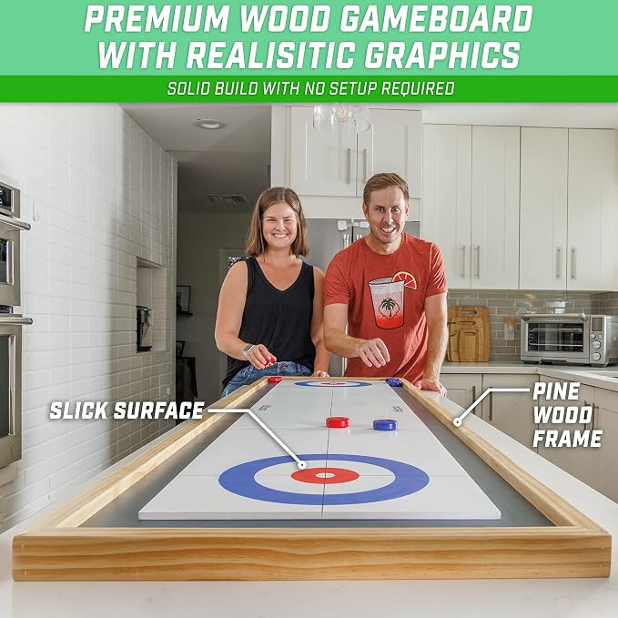 GoSports 6 ft Tabletop Shuffleboard and Curling 2 in 1 Game with 8 Pucks and Tote Bag