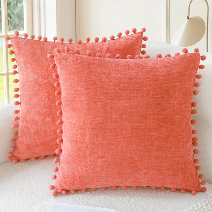 CaliTime Decorative Couch Throw Pillow Covers 20 X 20 Inches Living Coral | Pack of 2, Cozy Chenille Cushion Cases, with Pom Poms for Sofa Bed Living Room Farmhouse Home