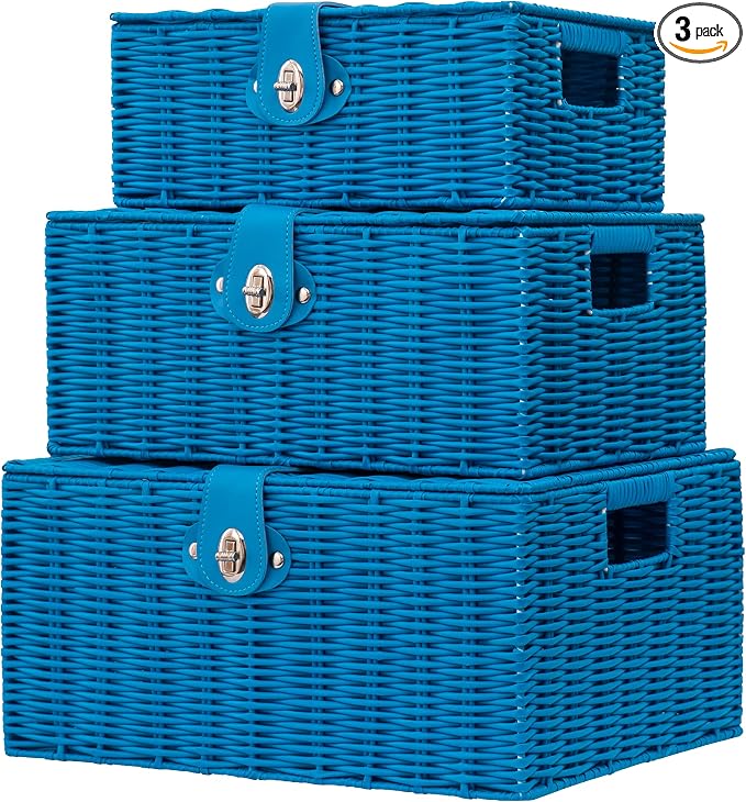 Set of 3 Woven Wicker Storage Basket Box with Lids & Lock, Built-in Carry Handles, Multifunctional Storage Organizer for Nursery, Baby, Clothes, Toys, Books, Large/Medium/Small Size (Blue)
