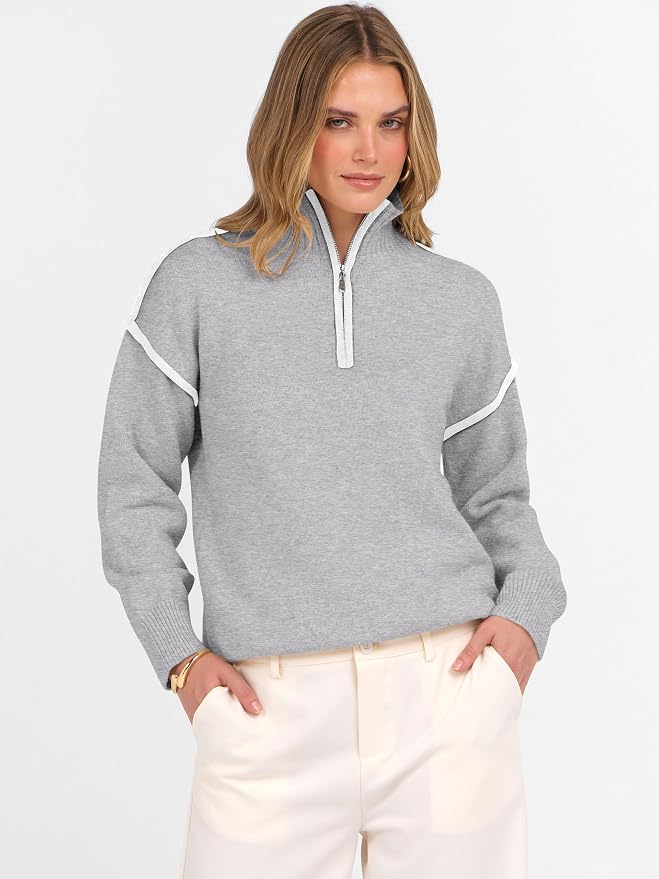 ANRABESS Womens Quarter Zip Sweaters Fall Long Sleeve V Neck Shirts Collared Business Casual Tops Knit Pullover Sweatshirts
