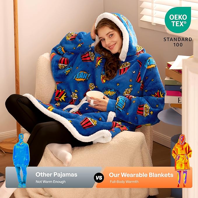 Giggling Getup Wearable Blanket Hoodie for Adults Gifts for Teen Girls Sister Women Sherpa Fleece Printed Hooded Blanket Sweatshirt Warm Cozy with Pocket & Sleeves Blue Popcorn