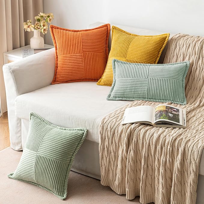 MIULEE Decorative Throw Pillow Covers for Couch 18x18 Inch Greyish Green | Boho Broadside Striped Patchwork Pillow Covers, Soft Corduroy Cushion Cases, For Sofa Bed Livingroom Home Decor