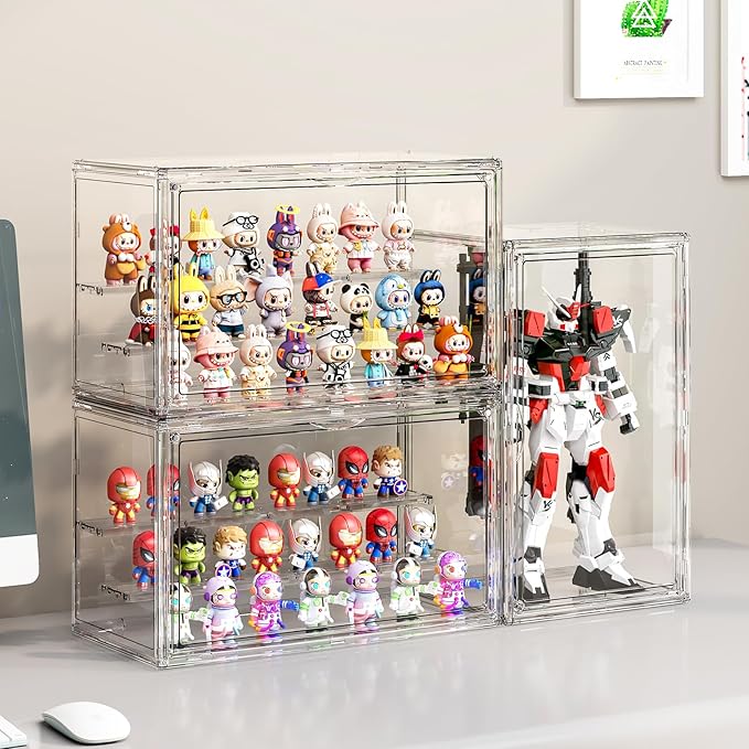 Clear Acrylic Display Case for Collectibles 3 Layer Hobby Figure Display Case Box with Shelves Stackable Figurine Display Boxes for Funko Pop Mart Labubu Model, 2 Pack