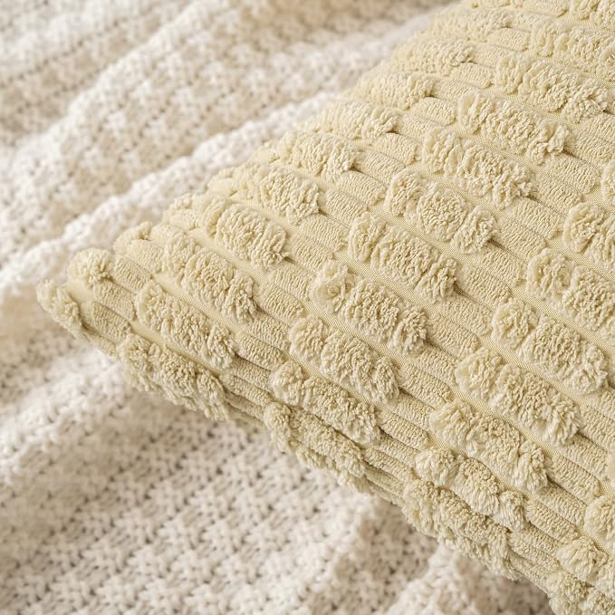 MIULEE Lumbar Corduroy Decorative Throw Pillow Covers 12x20 Beige Pack of 2 | Soft Boho Striped Pillow Covers Modern Farmhouse Home Decor For Sofa Living Room Couch Bed