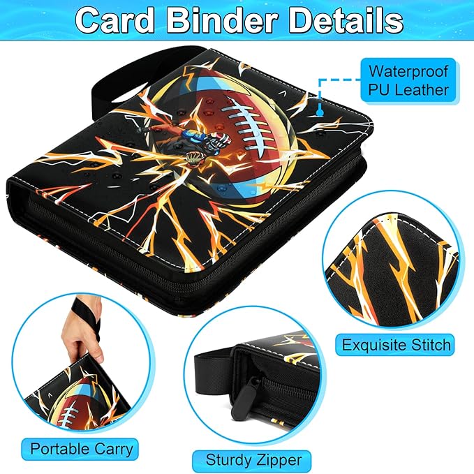Football Card Binder, 900 Pocket Football Card Holder with 50 Removable Sleeves, Creative Design Zipper Sports Card Binder Sheets Display Storage for Collectors Boys and Girls Gift (900 CARD)