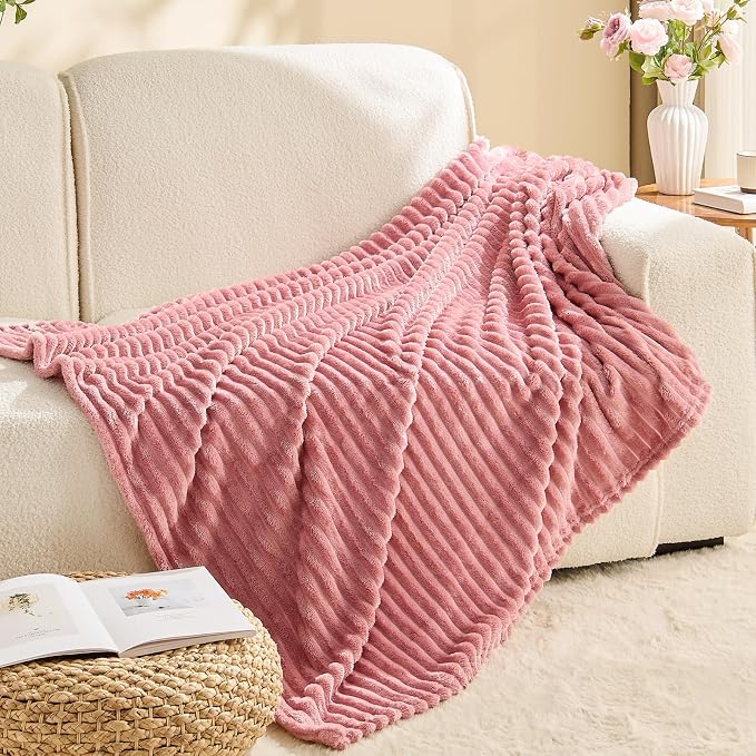 BEDELITE 3D Ribbed Jacquard Pink Fleece Throw Blanket for Couch, 50x70 Inch | Soft Warm Decorative Fluffy Blanket, Cozy Plush Lightweight Fuzzy Throw Blanket for Bed Sofa Home Room Decor, Gift for Women