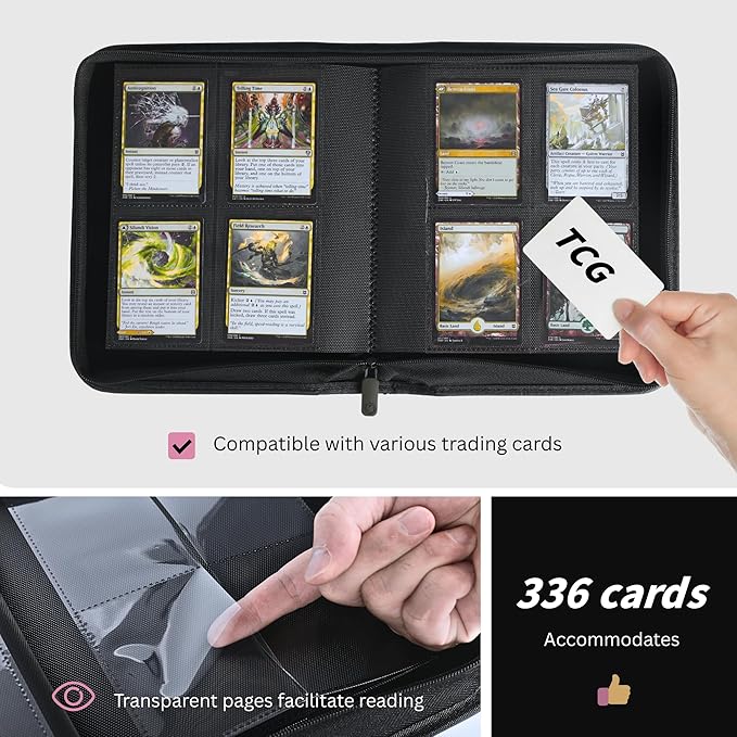 336 Card Binder, 4-Pocket Zipper Binder for Trading Cards, Side Loading Water-Resistant Album for MTG, TCG & Sports Cards (Pink)