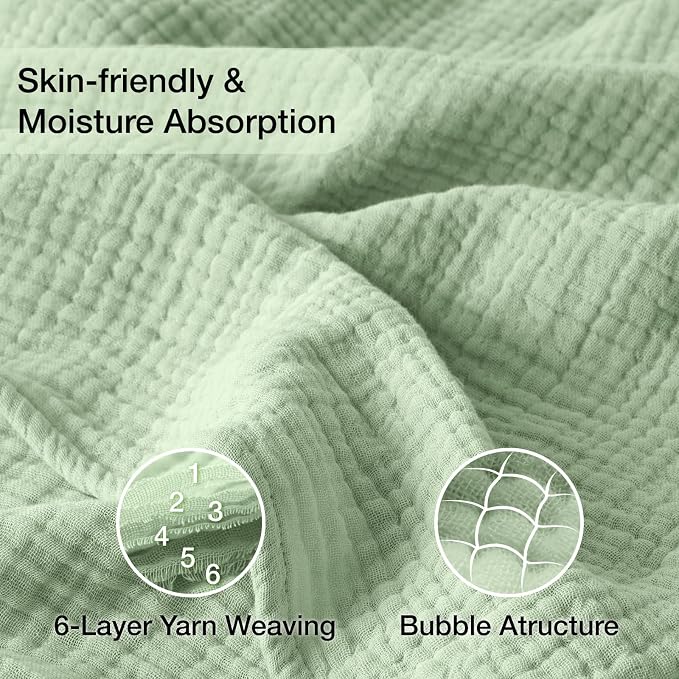 100% Cotton Muslin Blanket Large 50" x 70", 6 Layers Breathable and Lightweight Cotton Throw Blanket for Bed and Couch, Soft Quilt Bedspread, Gauze Blanket for Adults All Season, Sage Green