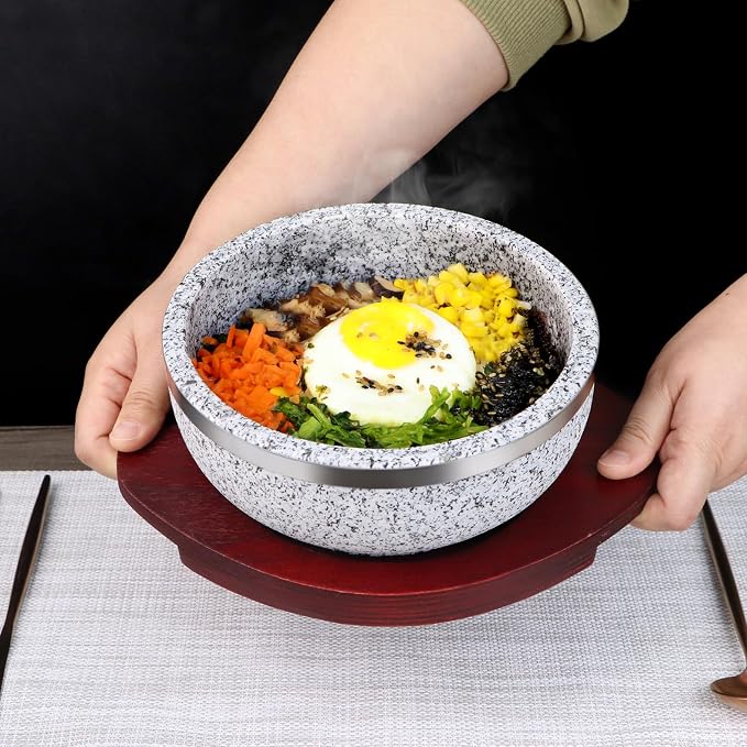 2 Pack Granite Stone Bowl 32 oz, Dolsot Pot with Wood Base for Cooking and Serving Korean Bibimbap, Soup, Rice, Ramen, Stew