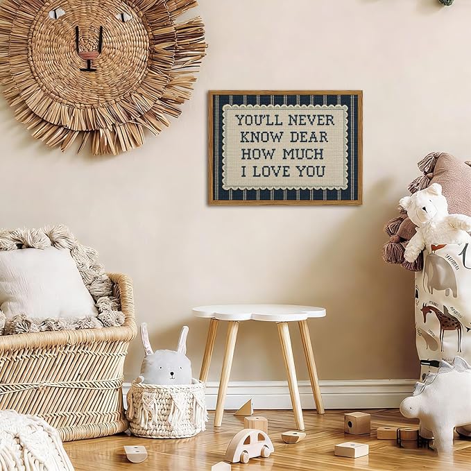 Framed You'll Never Know Dear How Much I Love You Wall Art, Vintage Nursery Blue Striped Pictures Wall Decor, Inspirational Quote Paintings Canvas Prints for Baby Boy Bedroom Living Room 16x24 inch