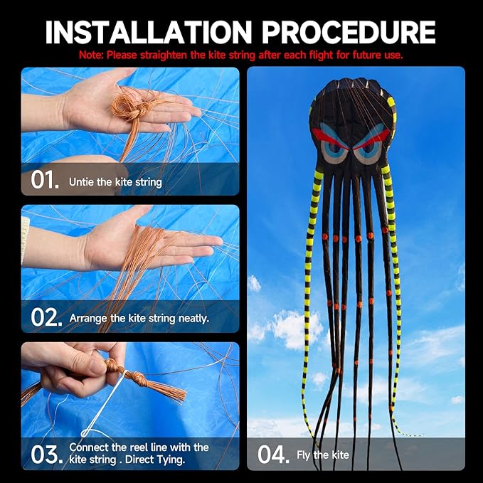 3D 26ft Ultra Large & Funs Octopus Foil Kite with 1000D Kite String, Beach Park Outdoor Fun Beach Trip Great Gift to Kids Build