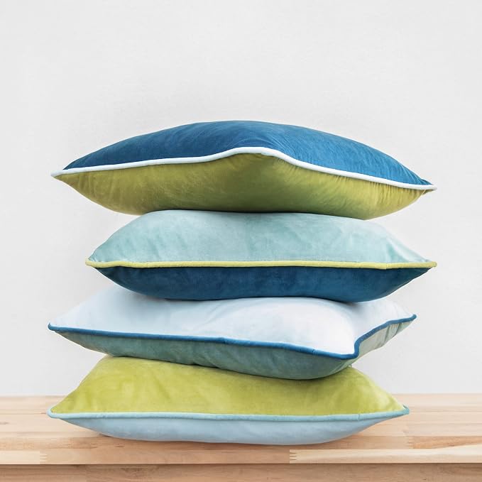MONDAY MOOSE Decorative Throw Pillow Covers Cushion Cases, Set of 4 Soft Velvet Modern Double-Sided Designs, Mix and Match for Home Decor, Pillow Inserts Not Included (14x14 inch, Green/Blue)