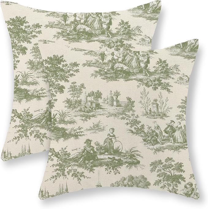 French Country Pillow Covers 18x18 Set of 2 Vintage Sage Green Throw Pillows French Country Outdoor Decorative Pillowcase Retro Rustic Linen Decor Farmhouse Cushion Case for Couch Bed Sofa