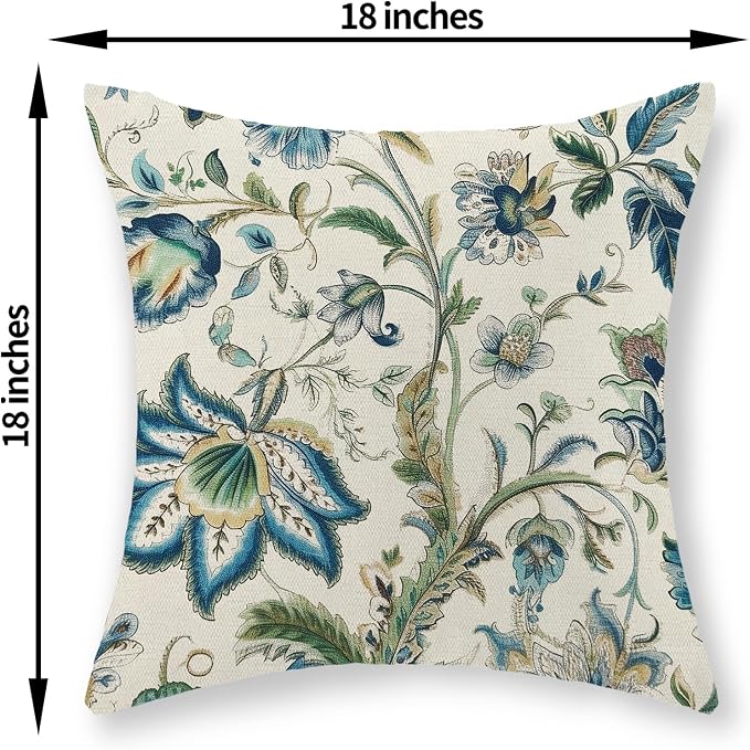 Blue Green Pillow Covers 18x18 Set of 2 Sage Green Chinoiserie Floral Throw Pillows Boho Vintage Flowers Decorative Pillowcase Outdoor Chinoiserie Decor Farmhouse Cushion Case for Couch Sofa