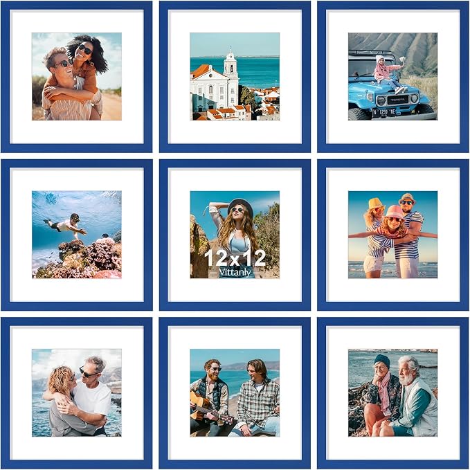 Vittanly 12x12 Picture Frames Set of 9 for Wall Mounting, Blue | Display Pictures 8x8 with Mat or 12x12 without Mat for Wall Mounting, Square Photo Frames for Home Decor, Engineered Wood