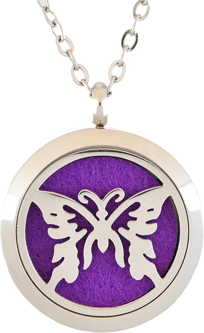 Aromatherapy Essential Oil Diffuser Stainless Steel 30MM Silver Magnetic Locket Pendant with Chain Necklace and Colored Refill Pads & Diffuser Bracelet All in a Velvet Bag (butterfly2)