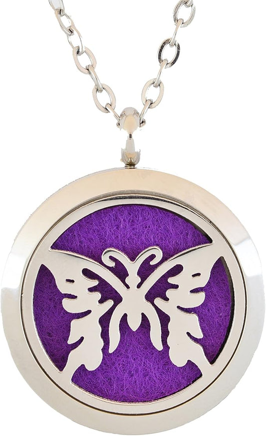 Aromatherapy Essential Oil Diffuser Stainless Steel 30MM Silver Magnetic Locket Pendant with Chain Necklace and Colored Refill Pads & Diffuser Bracelet All in a Velvet Bag (butterfly2)