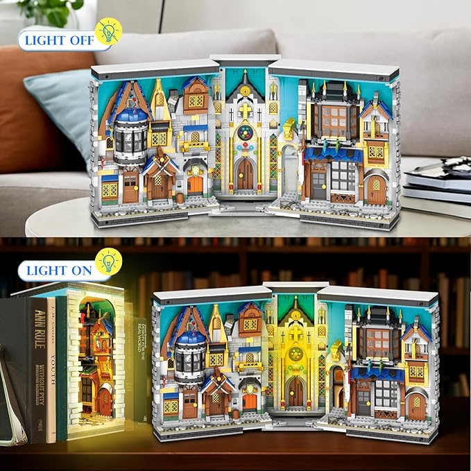 Medieval Architecture Book Nook Building Set with Light, European Century Street View Bookend, DIY Bookshelf Building Block Kit for Home Decor, House Model for Adults Kids Boys Girls Age 8+