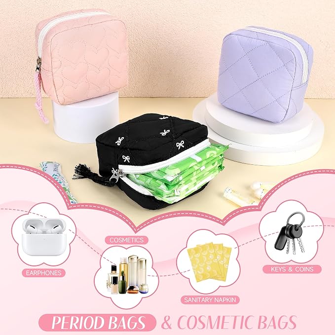 Likesing Quilted Period Bag, Period Pouches for Teen Girls Womens, Portable Nylon Sanitary Napkin Storage Bag Feminine Emergency Tampon Pad Pouch(Purple)