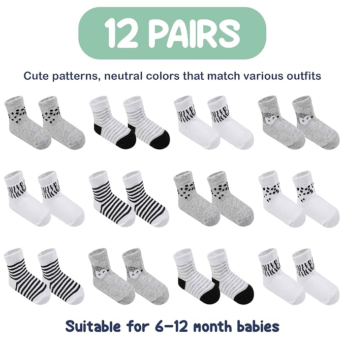 Mother's Choice Organic Cotton Baby Socks 6-12 Months - 12 pairs Unisex, Infant White Socks With Grips, Soft 12 Months Girls & Boy Sock, Play & Gap Baby Slipper Sock Girl Sock for Babies Registry