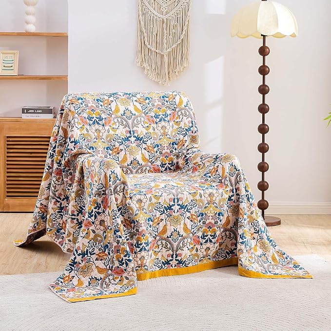 XIBLC Boho Blanket Throw Quilt, 100% Cotton Soft Light Weight Throw Blankets for Summer, 80"x90" Farmhouse Flower Decorative Blankets, All Season Rustic Reversible Bohemian Throw Quilt
