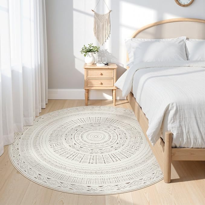 cotiled 6x6 Round Area Rugs Living Room Rug: Washable Boho Rugs with Non Slip Backing Large Soft Indoor Stain Resistant Carpet for Bedroom Farmhouse Dining Room Lightweight Home Decor L Brown/Cream