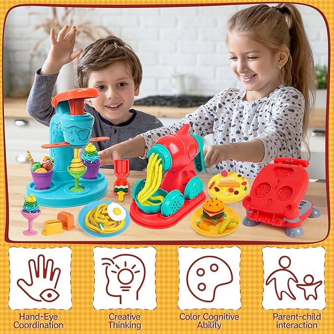 3 in 1 Color Dough Sets for Kids Ages 3-4-8, Dough Tools Accessories Kit, Ice Cream Playset Noodle Hamburger Maker, Pretend Play Kitchen Creations Food Toys Arts Crafts for Toddlers Girls Boys