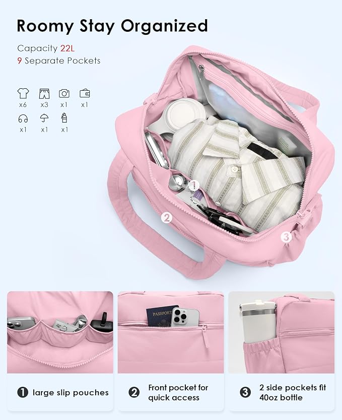 Gym Bag for Women, Travel Duffle Bags with Wet Pocket, Lightweight Carry on Bag Overnight Weekender Duffel Bag, Water Resistant (Bright Pink)