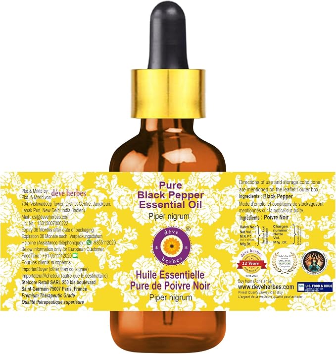 Deve Herbes Pure Black Pepper Essential Oil (Piper nigrum) with Glass Dropper Steam Distilled 30ml (1 oz)